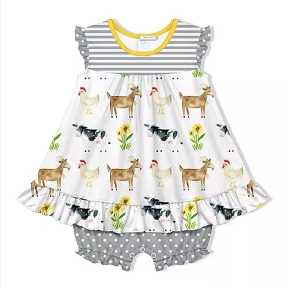 Little Millie Gray & White Stripe Animal Farm Skirted Bubble Bodysuit Size 2 - Picture 1 of 5
